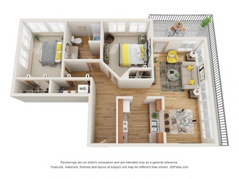 Floor plan for 2 beds, 1 bath, 954 sqft